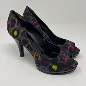 Nine West Danee Neon Leopard Print Peep Toe Heels Platform Women's 6M